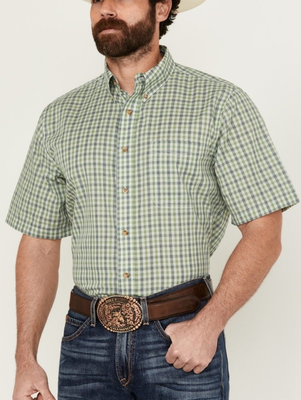 Wrangler Green and Cream Plaid Short Sleeve Button-Down Shirt